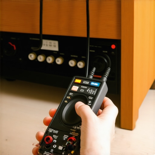 Close up of a multimeter testing a home audio speaker connection for maintenance.