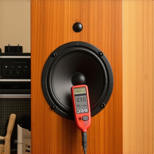 A technician using a multimeter to check for shorts in high-end audio speaker wiring.