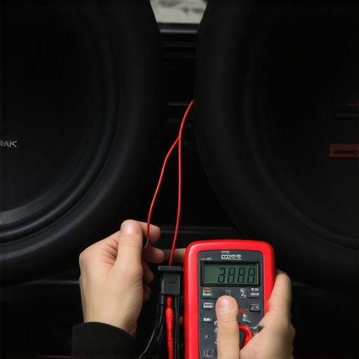 A technician checking the ohm load of a dual subwoofer setup using a digital multimeter.