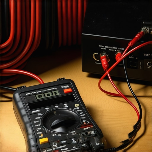 Testing Voltage on a DIY Home Audio Battery Setup A digital multimeter being used to check the voltage of a 12V battery and car amplifier setup.