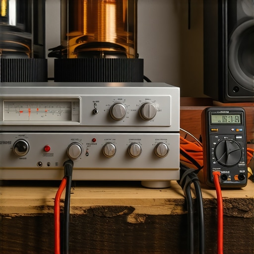 A technician using a multimeter to test a used audio receiver before purchase.