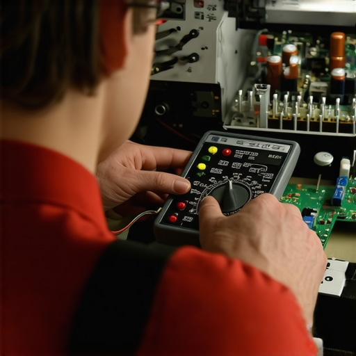 Testing an Amplifier with a Multimeter Close up of a multimeter testing a vintage amplifier circuit board