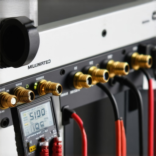 A digital multimeter checking the electrical continuity and resistance of gold-plated speaker terminals on a high-fidelity audio amplifier.