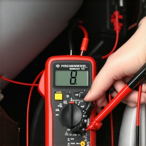 Close up of a person using a multimeter to check the voltage on a car audio amplifier power terminal.