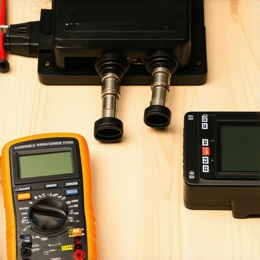 Testing car audio gear for home use A multimeter measuring voltage on a car amplifier during a home audio setup test.