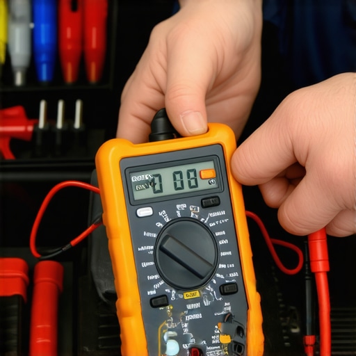 A digital multimeter being used to measure the current draw on a car battery terminal to find an electrical leak.