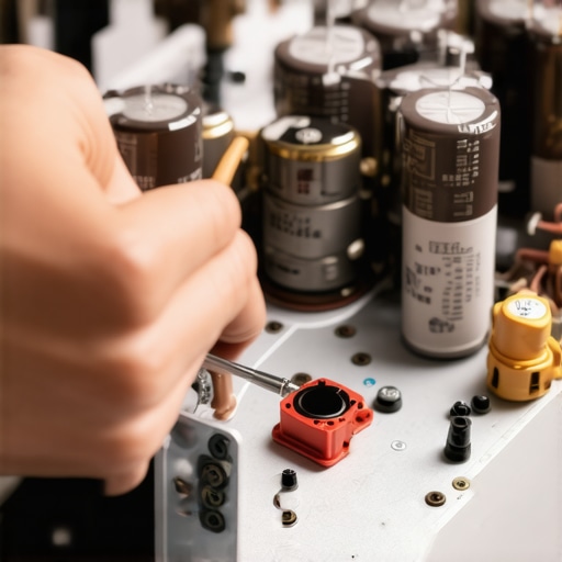 Testing internal amplifier components for hum issues Technician using a multimeter to troubleshoot a vintage amplifier's power supply