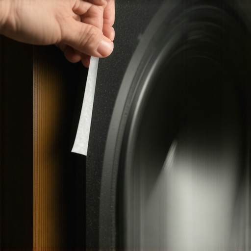 A hand holding tissue paper against a speaker seam to detect air leaks during a bass test.