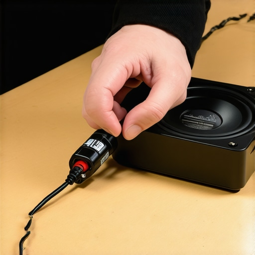 A person performing a 9V battery test on speaker terminals to check wiring polarity.