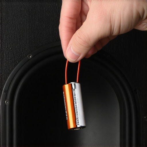 A hand using a 9V battery to test if speaker wiring is in phase