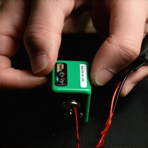 Close up of a hand using a 9V battery to check the phase of speaker wires