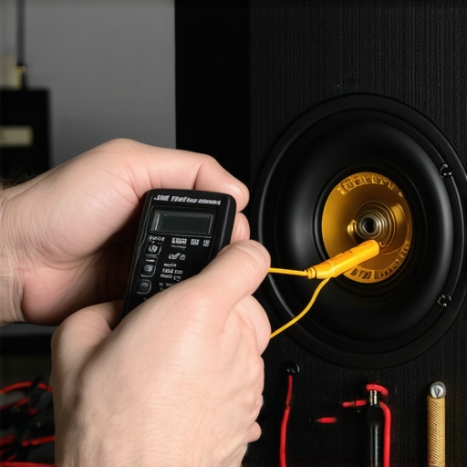 Close up of person using a multimeter on speaker terminals for maintenance