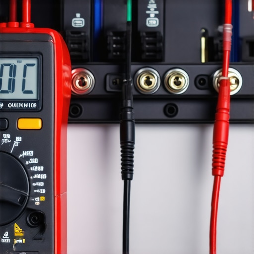 Testing speaker wire continuity with a multimeter A person using a multimeter to check for shorts in speaker wires on a wooden desk