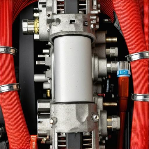 Professional car engine bay wiring showing an upgraded alternator and battery connection for car audio systems.