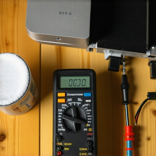 Audiophile maintenance kit with a multimeter and contact cleaner sitting next to a vintage amplifier.