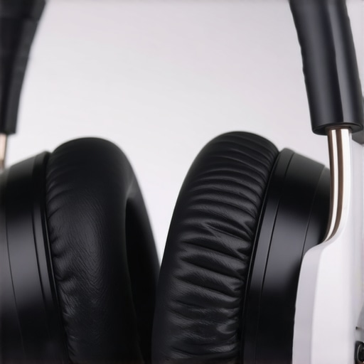 Close-up of glasses frame breaking the seal of headphone ear pads causing sound leakage.