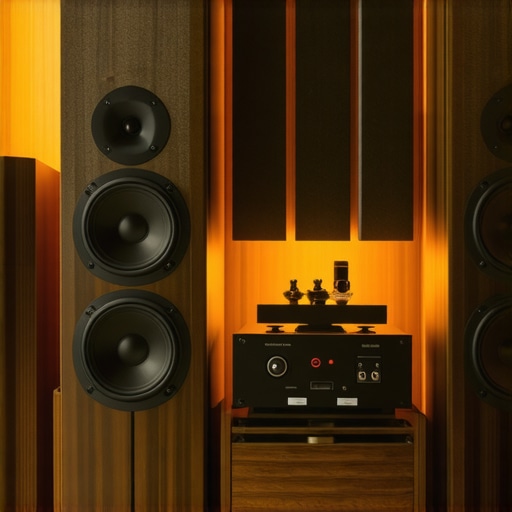 Professional home audio setup with tube amplifier and acoustic treatments.