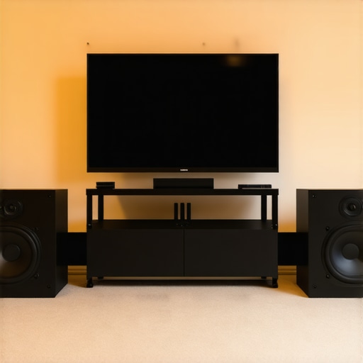 Two small subwoofers placed symmetrically in a modern living room for better bass distribution.