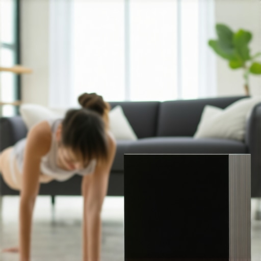 A man demonstrates how to find the best subwoofer placement by performing the subwoofer crawl in a home theater setup.