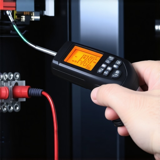 An infrared thermometer measuring heat on a 500-watt car amplifier power terminal to prevent overheating.