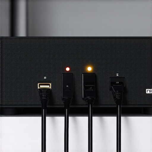 Close up of HDMI ARC port on a soundbar with status indicator lights