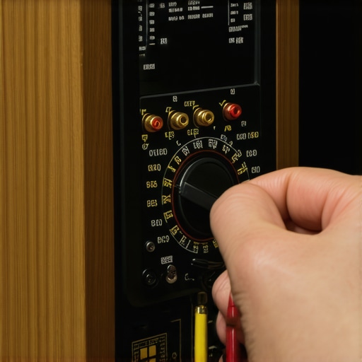 Hands using a digital multimeter to check a speaker's electrical connection