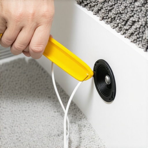 Tucking Speaker Wire Under Carpet A hand using a tool to hide speaker wire along a baseboard edge.