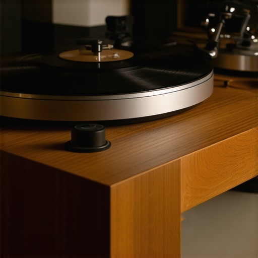 A turntable decoupled from the floor using a heavy wood block and isolation feet.