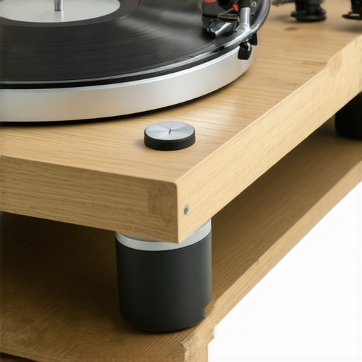 Turntable Isolation Platform and Dampening Feet A wooden isolation platform with rubber feet used to prevent record player skipping from floor vibrations.