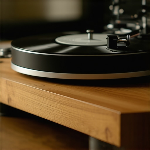 Turntable Isolation Setup A turntable resting on an acoustic isolation platform to prevent speaker vibrations