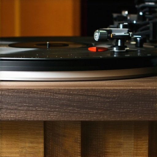 Turntable playing record without dust cover A high-end vinyl turntable playing a record with the dust cover removed to prevent acoustic resonance.
