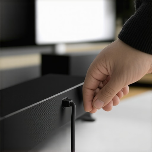 A hand disconnecting an HDMI cable from a soundbar to perform a system reset.