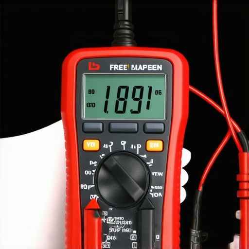 A digital multimeter measuring voltage at a car amplifier terminal to ensure electrical health.