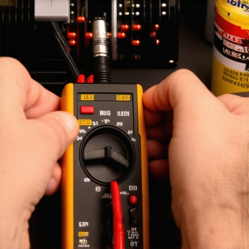 Technician testing car amplifier terminals with a multimeter