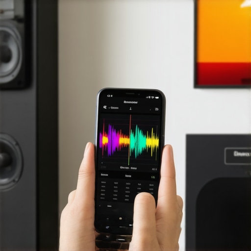 Using a Smartphone to Measure Room Audio Frequency Smartphone displaying a frequency response curve in a home theater setup.