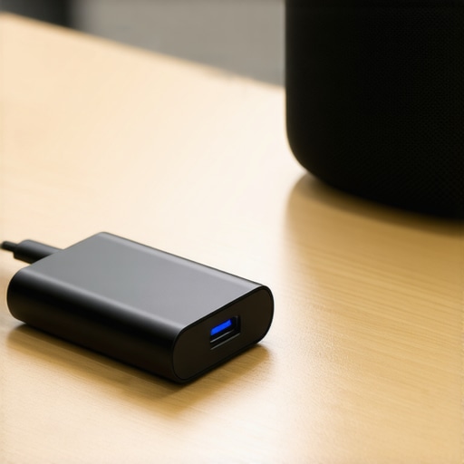 A high-quality laptop power adapter safely charging a small Bluetooth speaker