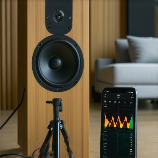 A smartphone measuring speaker frequency response in a room