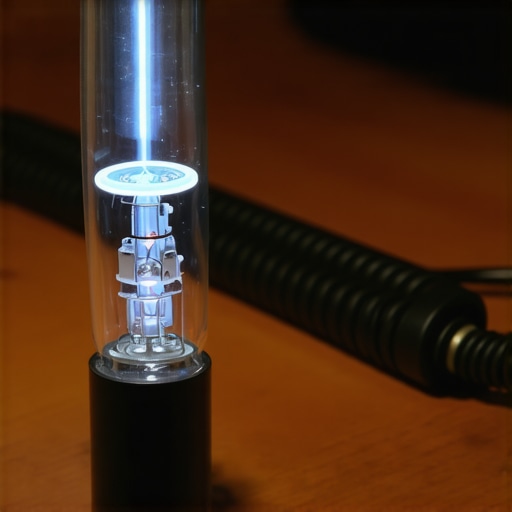 Close up of a high-quality vacuum tube with safe blue glow on the glass surface.