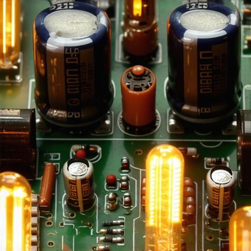 Close up of internal components and capacitors of a vintage hifi amplifier showing signs of age and dust.