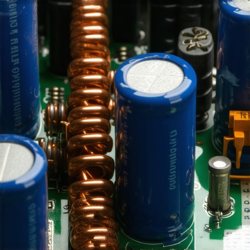 Close-up of internal components and capacitors of a vintage audio amplifier.