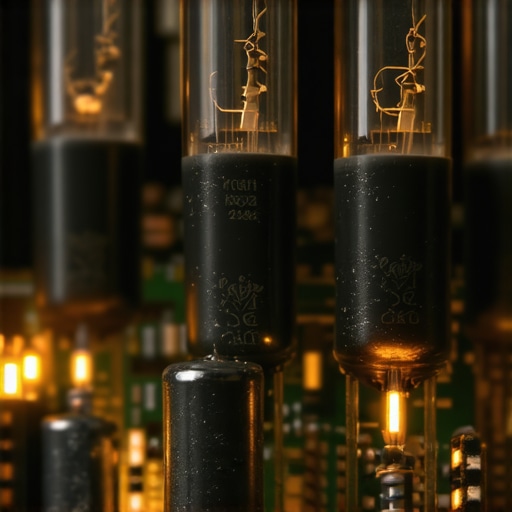 Vintage Amplifier Internal Components Internal circuit board of a vintage stereo amplifier showing aged capacitors and tubes.