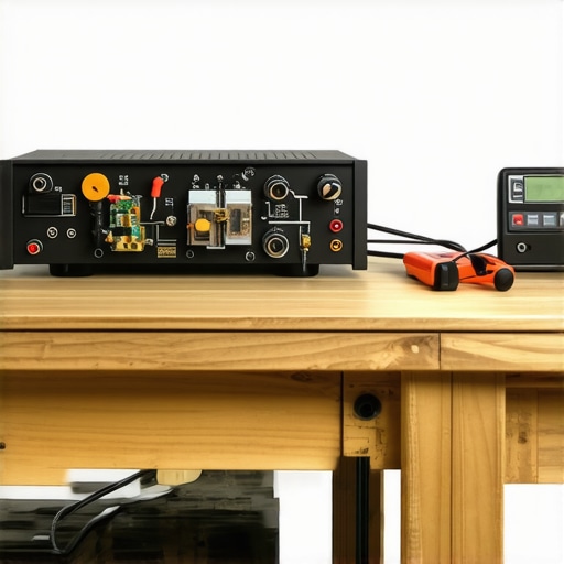 Vintage amplifier interior diagnostic on workbench An open vintage stereo amplifier being tested with a multimeter on a workbench to diagnose heat issues.