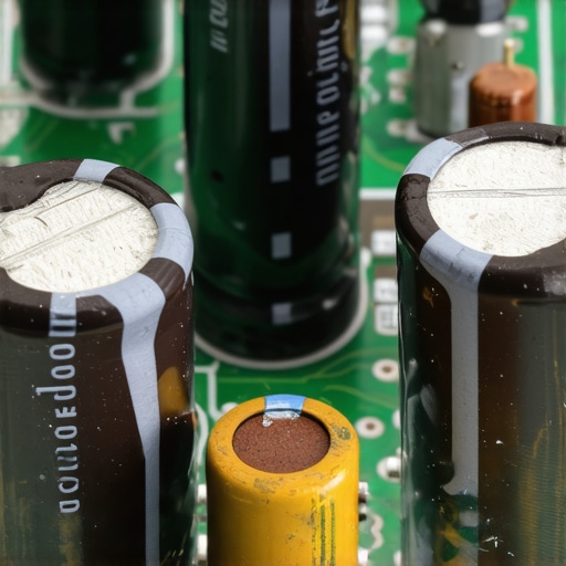 Visual signs of a failing capacitor on a circuit board A bulging and leaking electrolytic capacitor on an audio circuit board