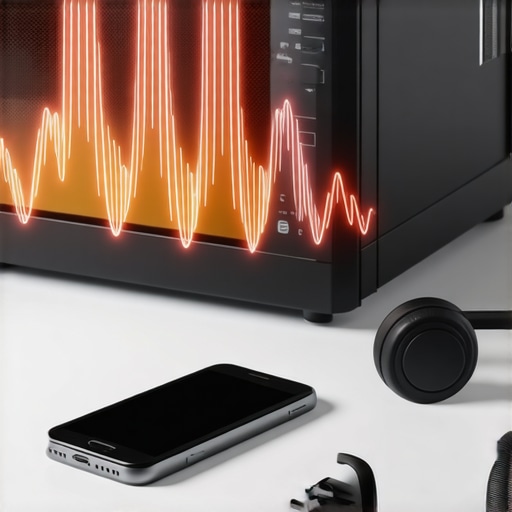 3D diagram of microwave radio frequency interference disrupting a smartphone to headphone connection.