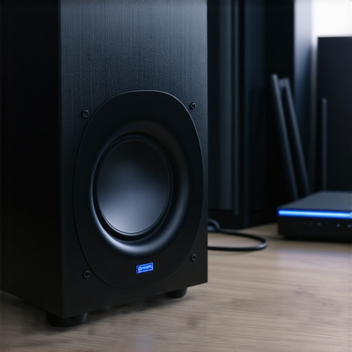 Close up of a wireless subwoofer back panel with connection lights showing active status in a modern home theater setup.